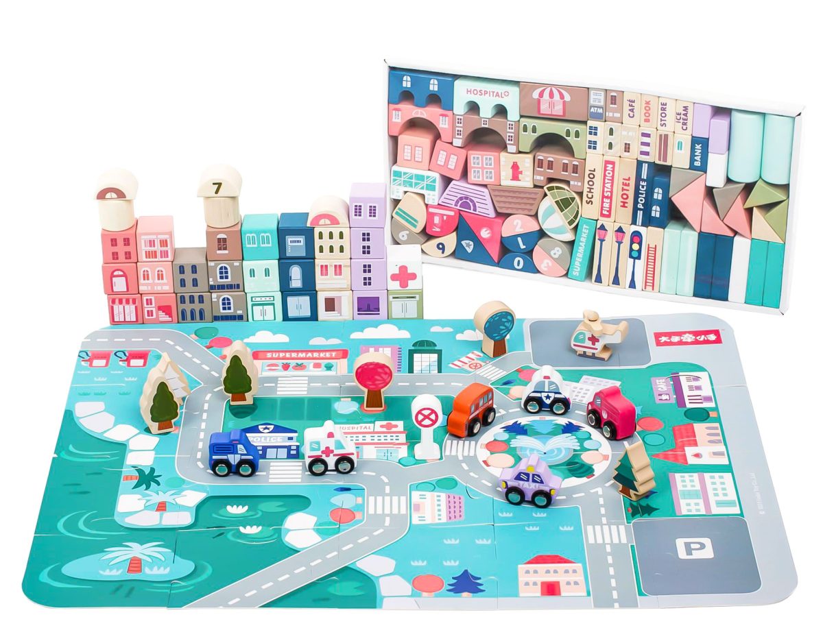 Drvene edukativne kocke grad s podlogom 115 kom ECOTOYS