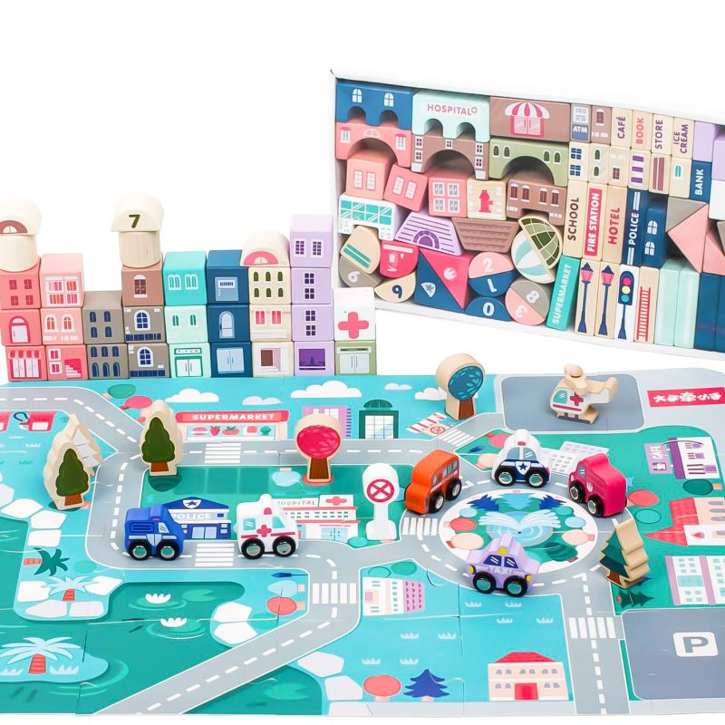 Drvene edukativne kocke grad s podlogom 115 kom ECOTOYS