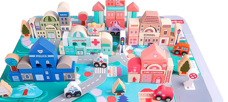 Drvene edukativne kocke grad s podlogom 115 kom ECOTOYS