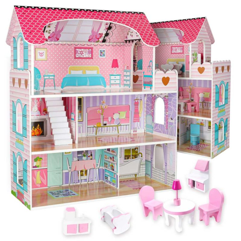 MDF drvena kućica za lutke + namještaj 70cm roza LED