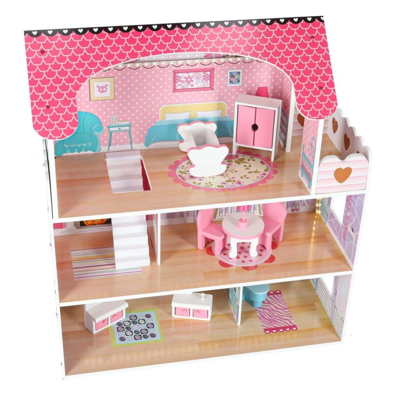 MDF drvena kućica za lutke + namještaj 70cm roza LED