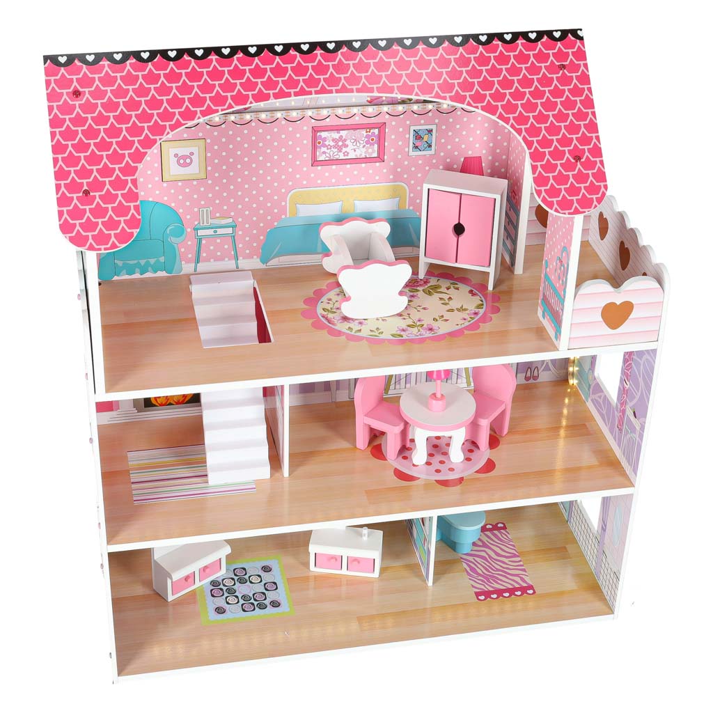 MDF drvena kućica za lutke + namještaj 70cm roza LED