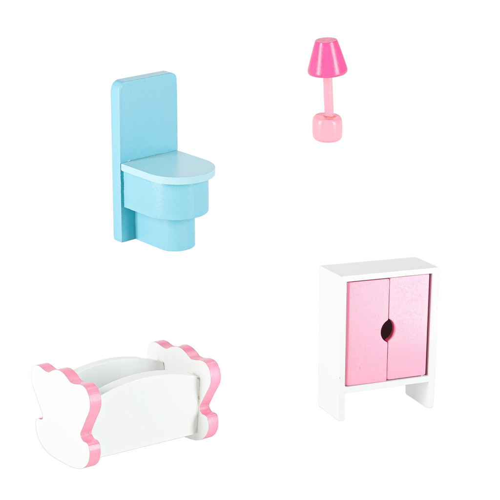 MDF drvena kućica za lutke + namještaj 70cm roza LED