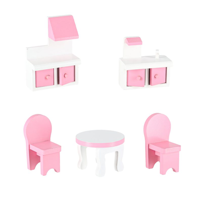 MDF drvena kućica za lutke + namještaj 70cm roza LED
