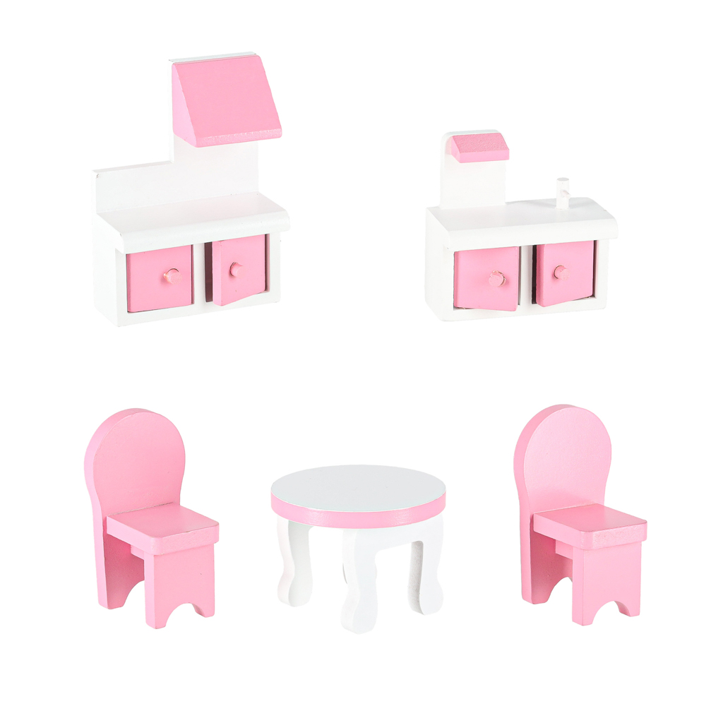MDF drvena kućica za lutke + namještaj 70cm roza LED