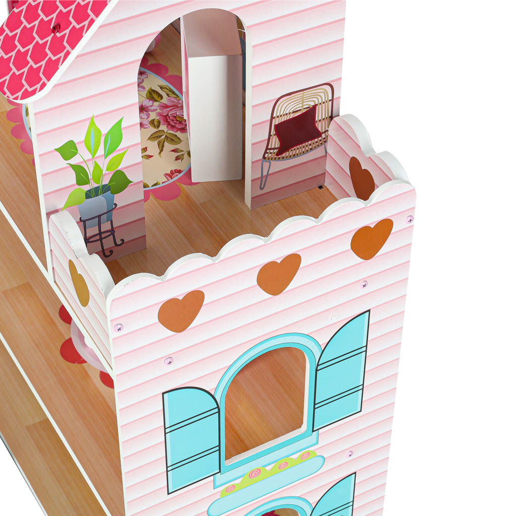 MDF drvena kućica za lutke + namještaj 70cm roza LED