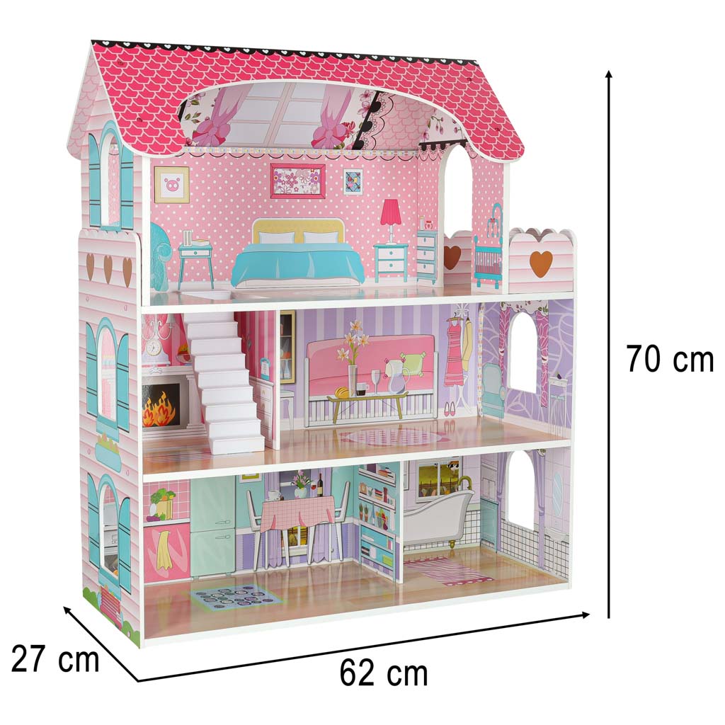 MDF drvena kućica za lutke + namještaj 70cm roza LED
