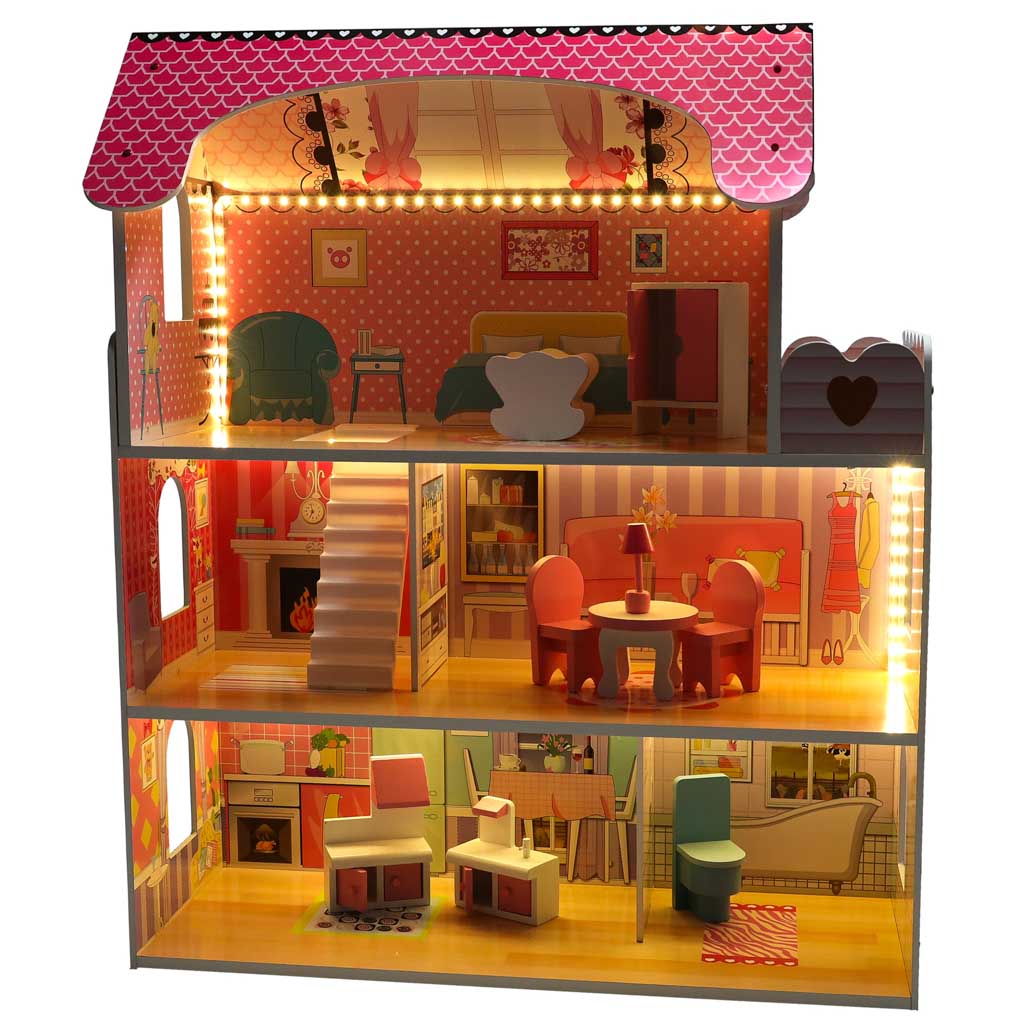 MDF drvena kućica za lutke + namještaj 70cm roza LED