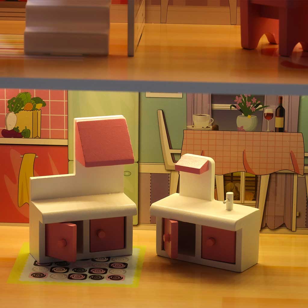 MDF drvena kućica za lutke + namještaj 70cm roza LED