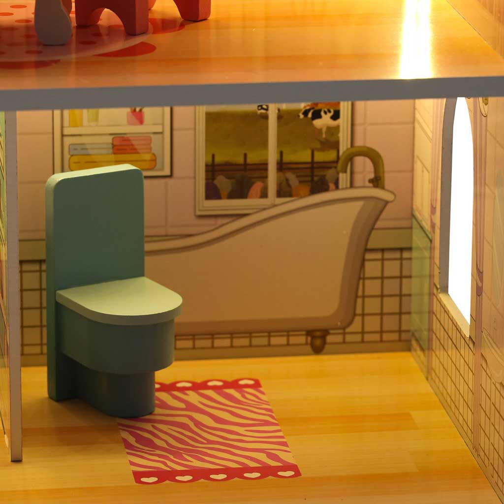 MDF drvena kućica za lutke + namještaj 70cm roza LED