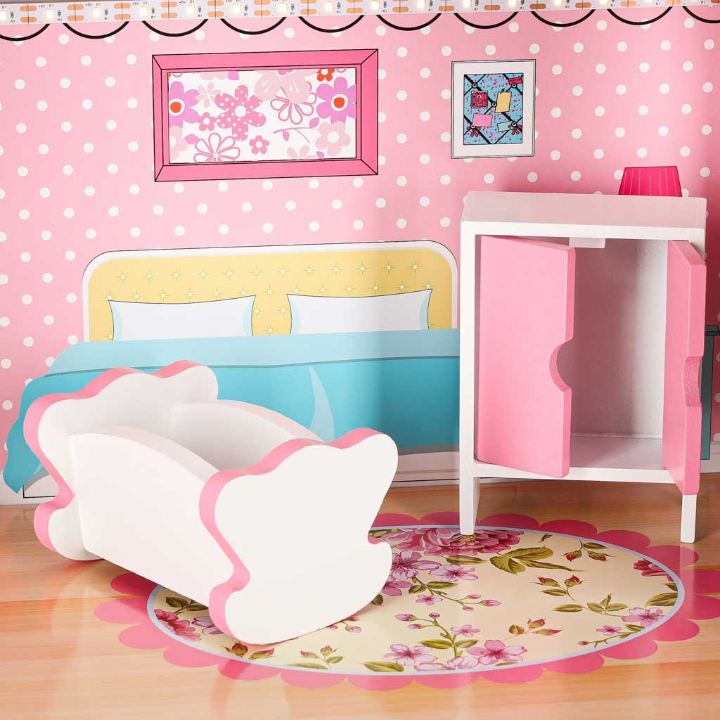 MDF drvena kućica za lutke + namještaj 70cm roza LED