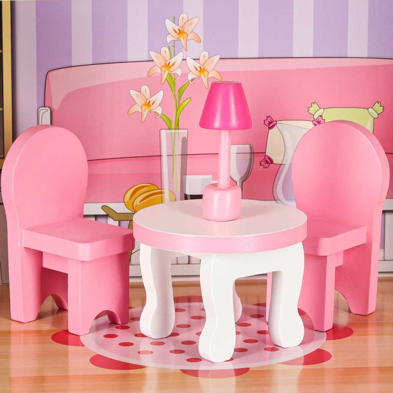 MDF drvena kućica za lutke + namještaj 70cm roza LED