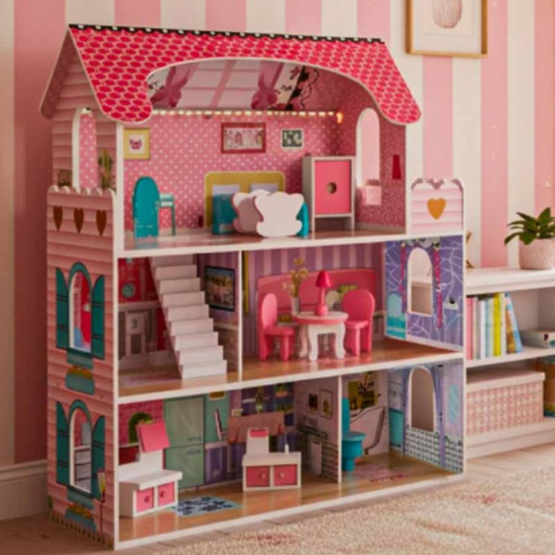MDF drvena kućica za lutke + namještaj 70cm roza LED