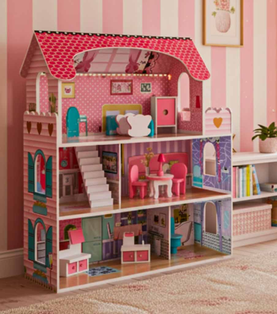 MDF drvena kućica za lutke + namještaj 70cm roza LED