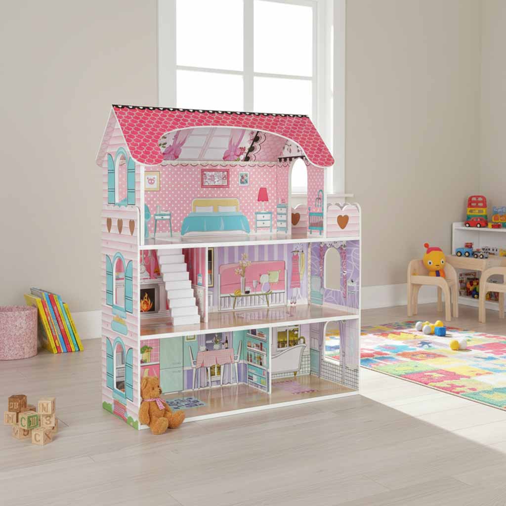 MDF drvena kućica za lutke + namještaj 70cm roza LED