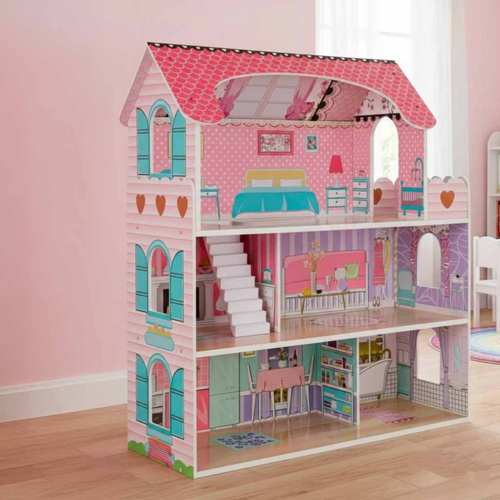 MDF drvena kućica za lutke + namještaj 70cm roza LED