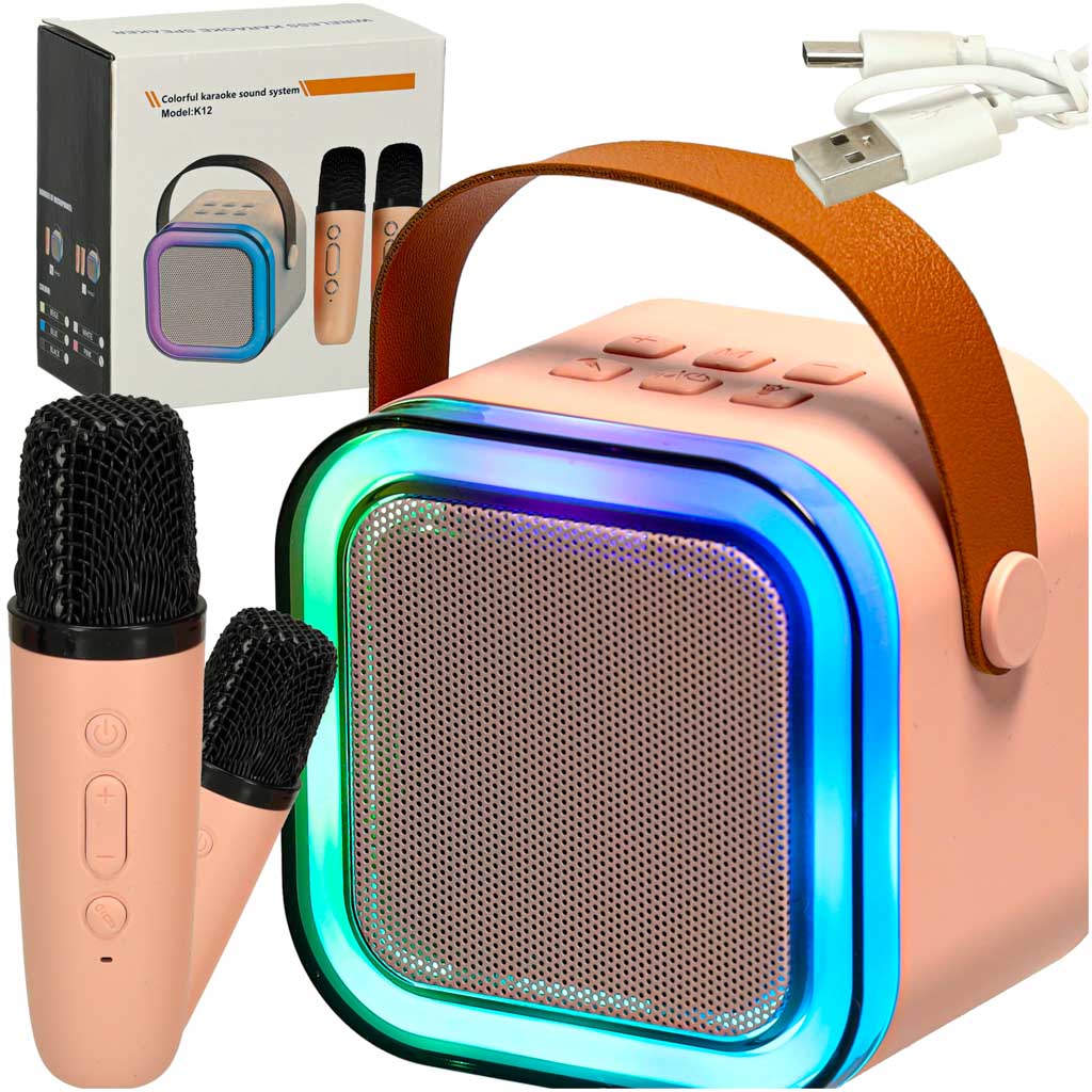 Karaoke zvučnik s 2 mikrofona BLUETOOTH USB LED ROZA