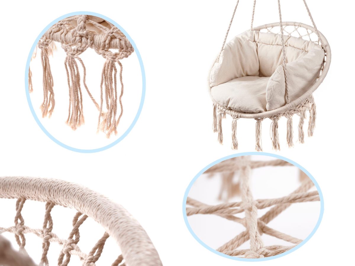 Viseća stolica ljuljačka s naslonom ecru 80cm + jastuk 150 kg