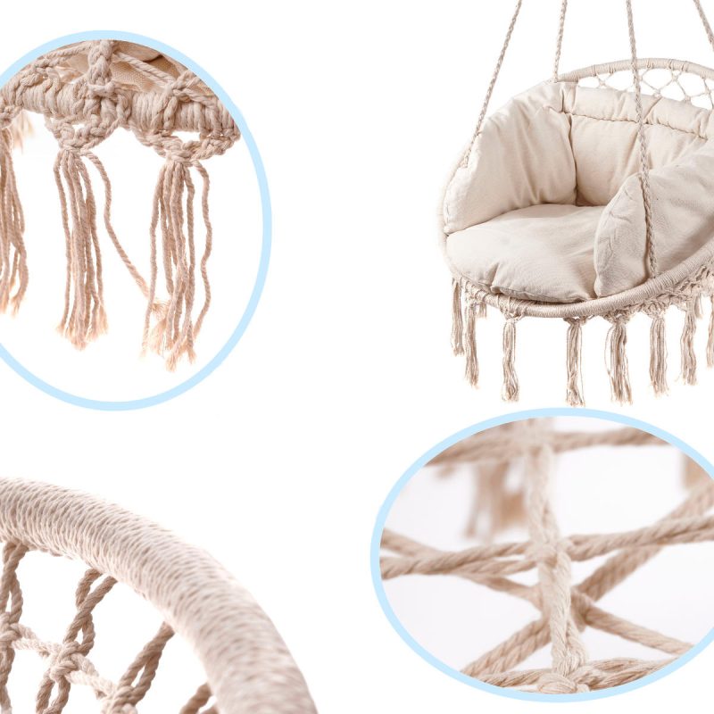 Viseća stolica ljuljačka s naslonom ecru 80cm + jastuk 150 kg