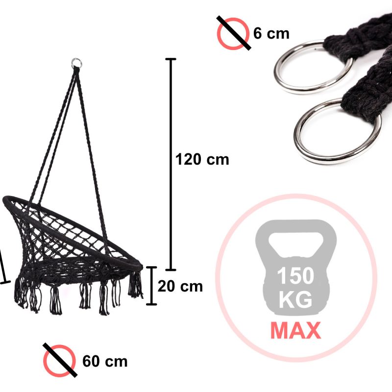 Viseća stolica ljuljačka s naslonom crna 80cm + jastuk 150 kg