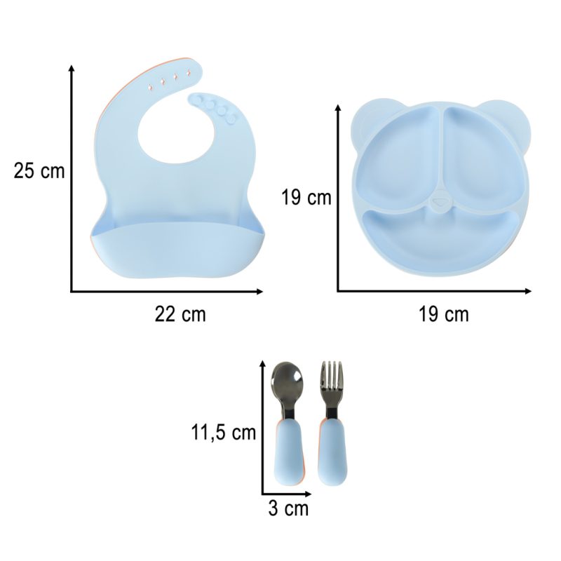 Silikonski pribor za bebe, set od 4 komada, medvjedić plave boje.