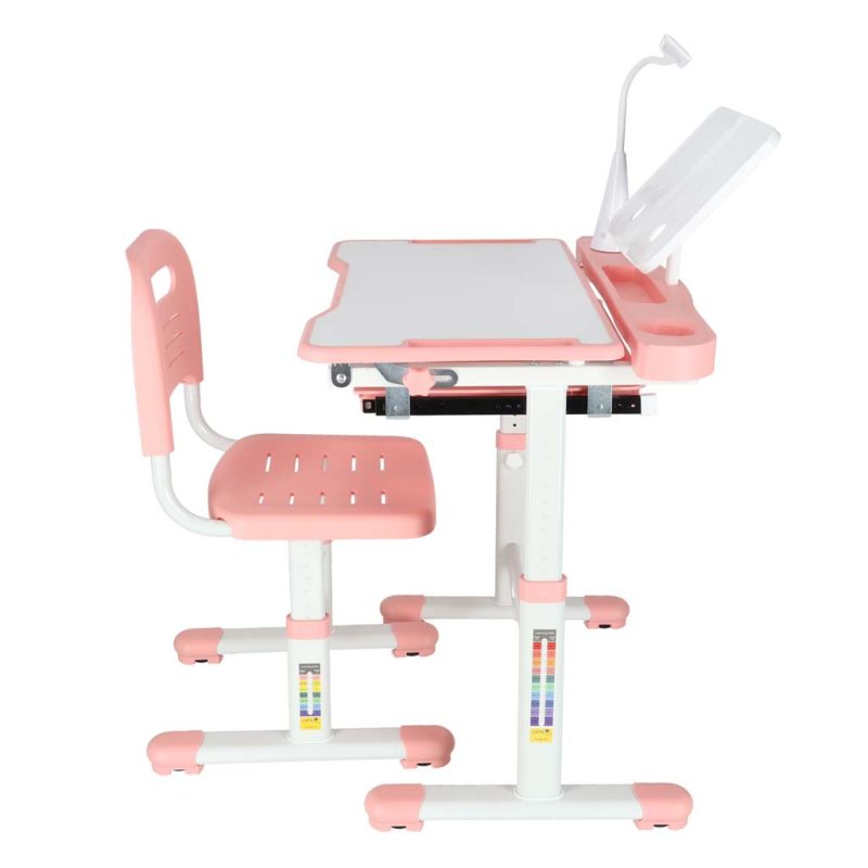 Dječji školski set, stolica s podesivim stolom, LED lampa, USB, roza