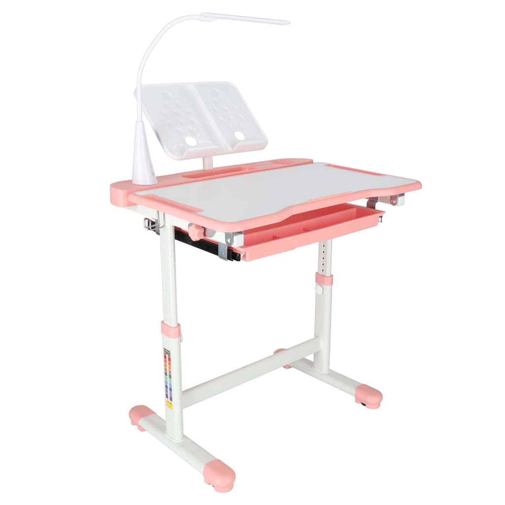 Dječji školski set, stolica s podesivim stolom, LED lampa, USB, roza