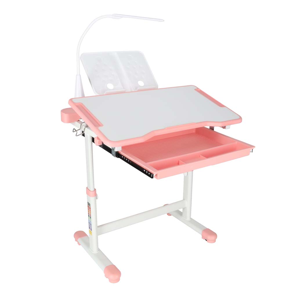 Dječji školski set, stolica s podesivim stolom, LED lampa, USB, roza