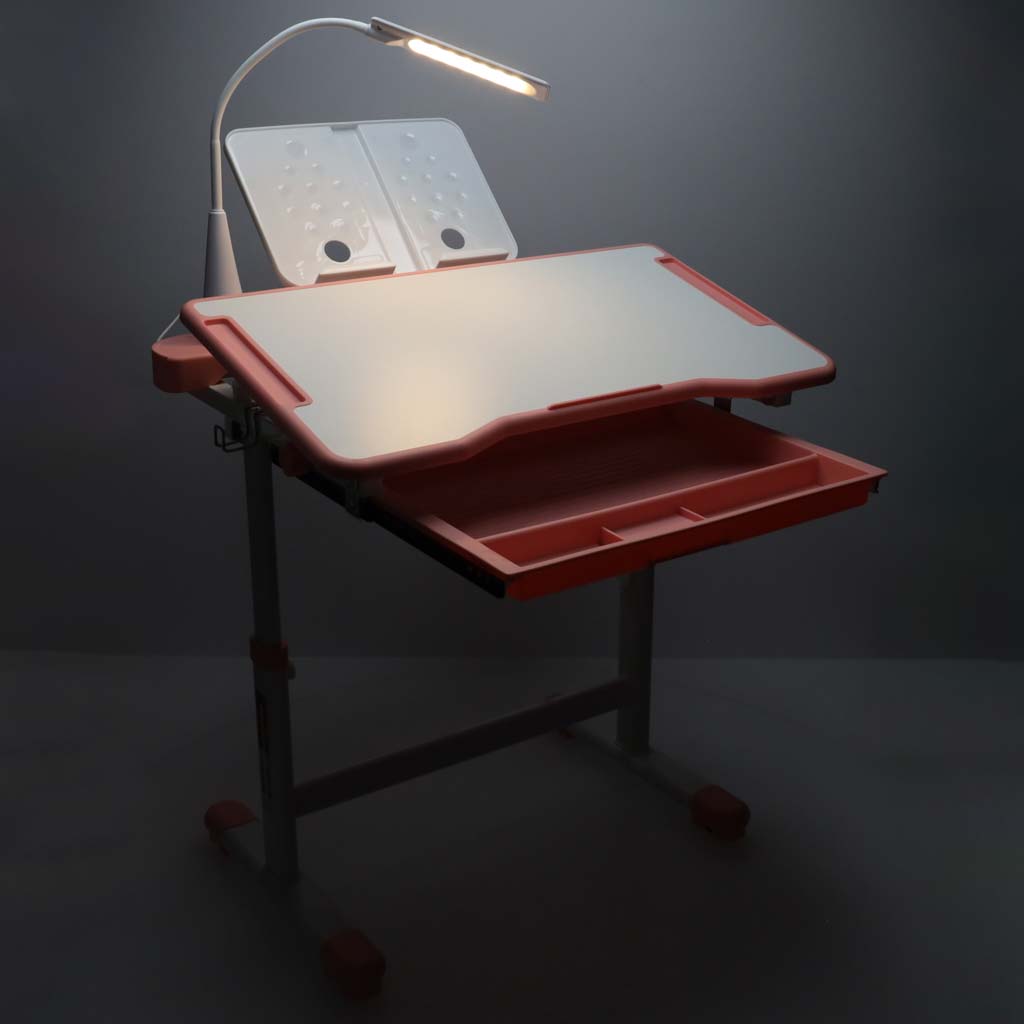 Dječji školski set, stolica s podesivim stolom, LED lampa, USB, roza