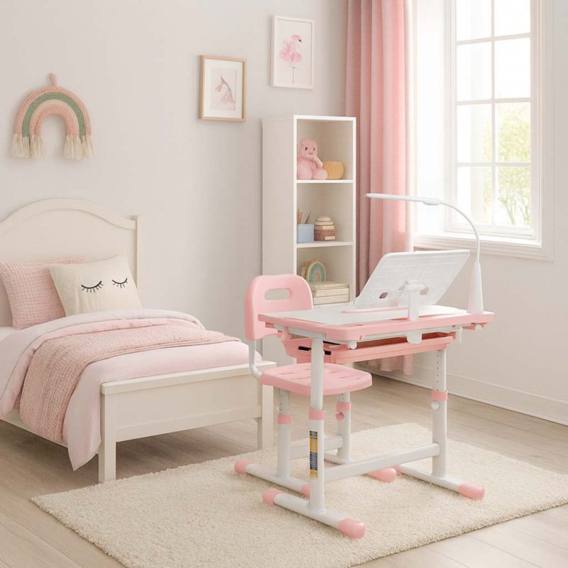 Dječji školski set, stolica s podesivim stolom, LED lampa, USB, roza