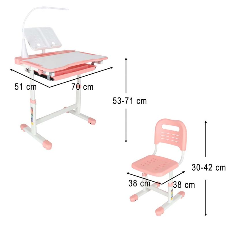 Dječji školski set, stolica s podesivim stolom, LED lampa, USB, roza