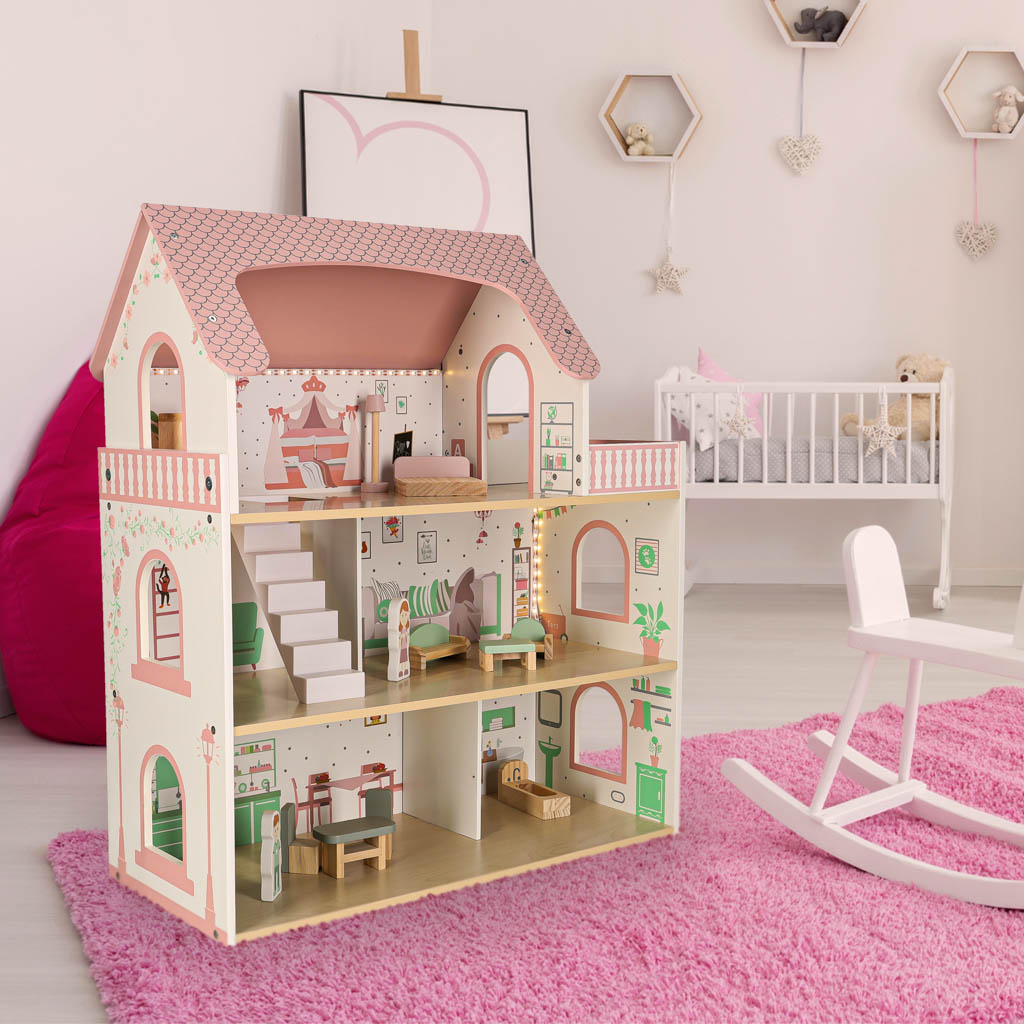 LULILO-Peonio-70cm-LED-pink-wooden-dollhouse-176213 LULILO Peonio 70cm LED ružičasta drvena kućica za lutke