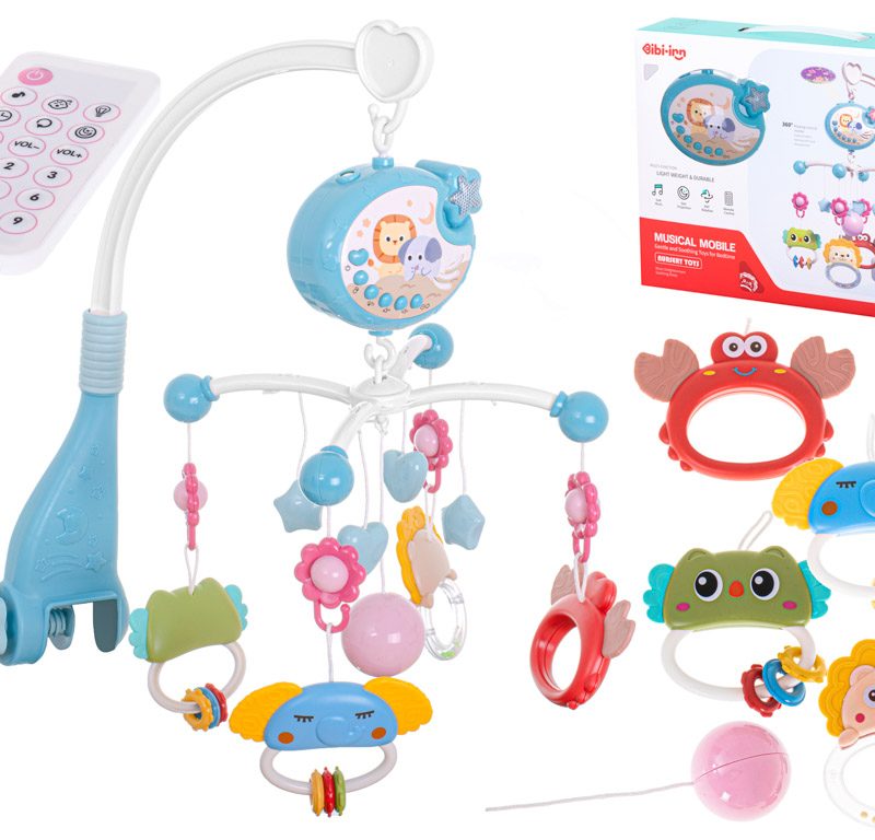 Vrtuljak/mobil s dizajnom zvijezde, plave boje, uspavanke + daljinski upravljač