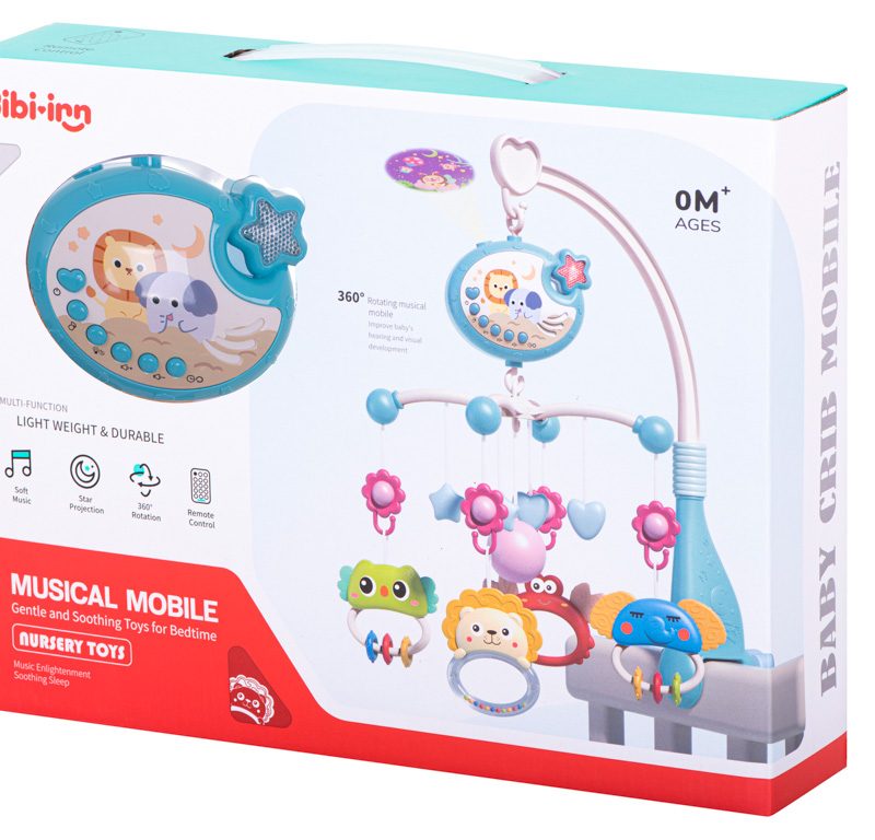 Vrtuljak/mobil s dizajnom zvijezde, plave boje, uspavanke + daljinski upravljač