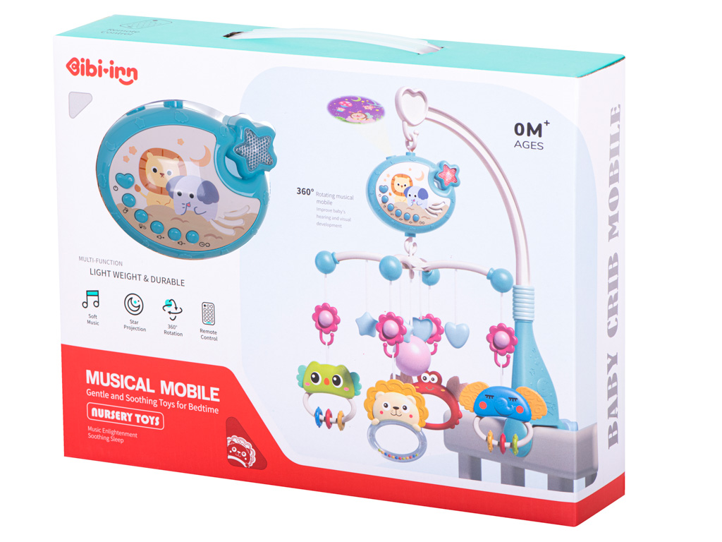 Vrtuljak/mobil s dizajnom zvijezde, plave boje, uspavanke + daljinski upravljač