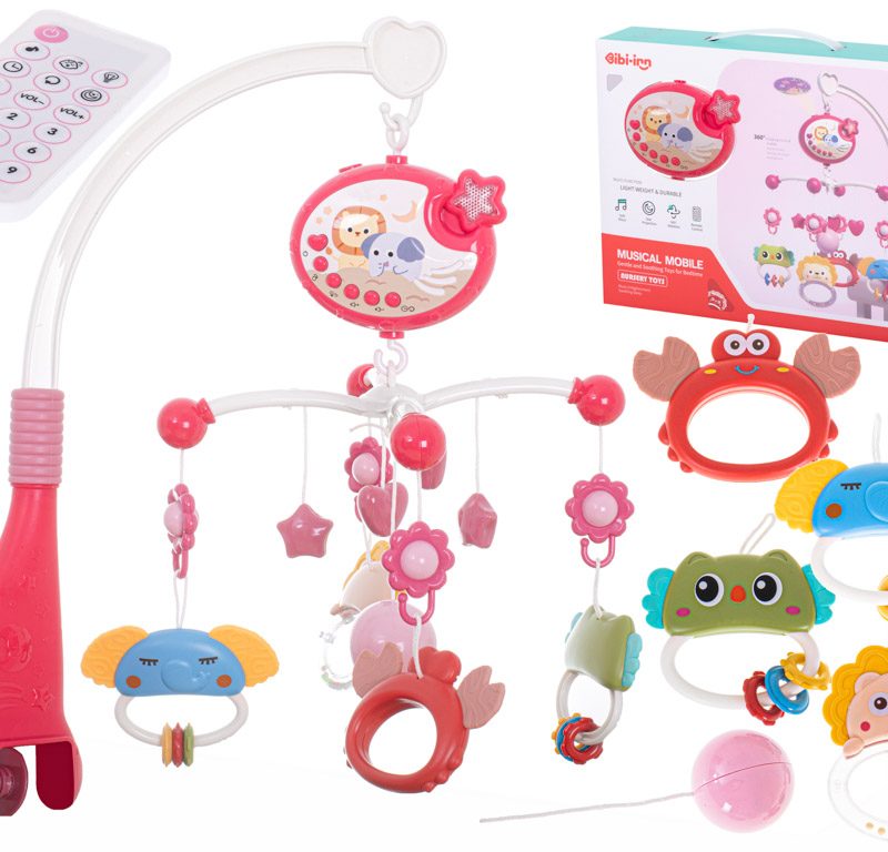 Vrtuljak/mobil s dizajnom zvijezde, roza boje, uspavanke + daljinski upravljač