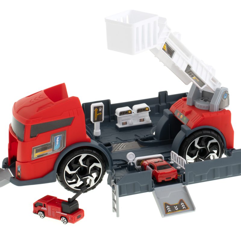 Transporter kamion TIR 2u1 parkirna garaža vatrogasna služba + 2 automobila crveni 12