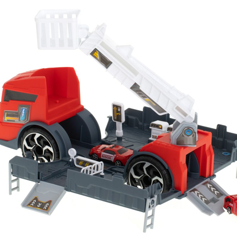 Transporter kamion TIR 2u1 parkirna garaža vatrogasna služba + 2 automobila crveni 11