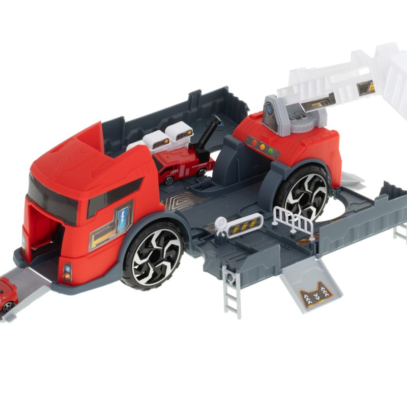 Transporter kamion TIR 2u1 parkirna garaža vatrogasna služba + 2 automobila crveni 10