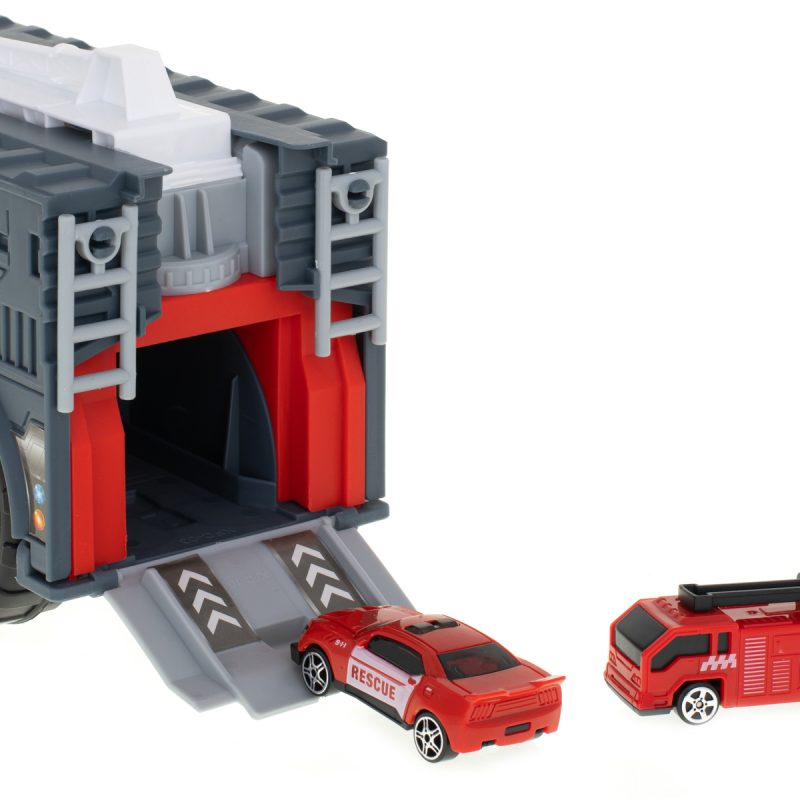 Transporter kamion TIR 2u1 parkirna garaža vatrogasna služba + 2 automobila crveni 6
