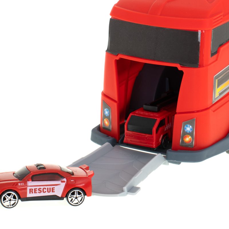 Transporter kamion TIR 2u1 parkirna garaža vatrogasna služba + 2 automobila crveni 5