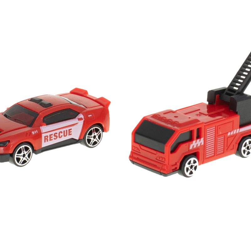 Transporter kamion TIR 2u1 parkirna garaža vatrogasna služba + 2 automobila crveni 4