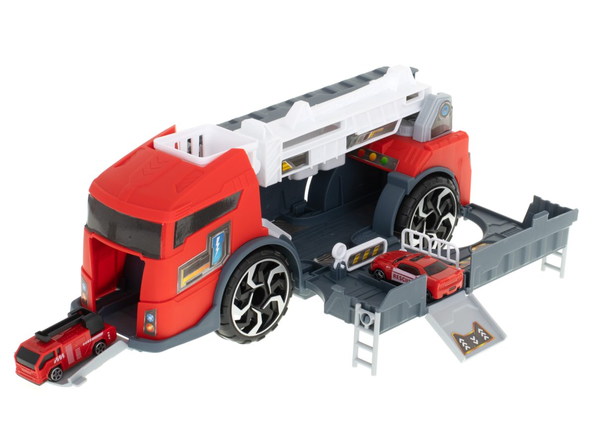 Transporter kamion TIR 2u1 parkirna garaža vatrogasna služba + 2 automobila crveni 3