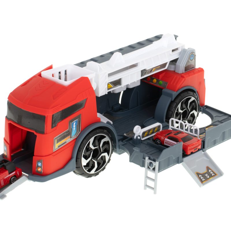 Transporter kamion TIR 2u1 parkirna garaža vatrogasna služba + 2 automobila crveni 3