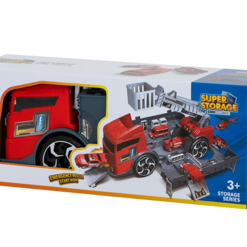 Transporter kamion TIR 2u1 parkirna garaža vatrogasna služba + 2 automobila crveni 2