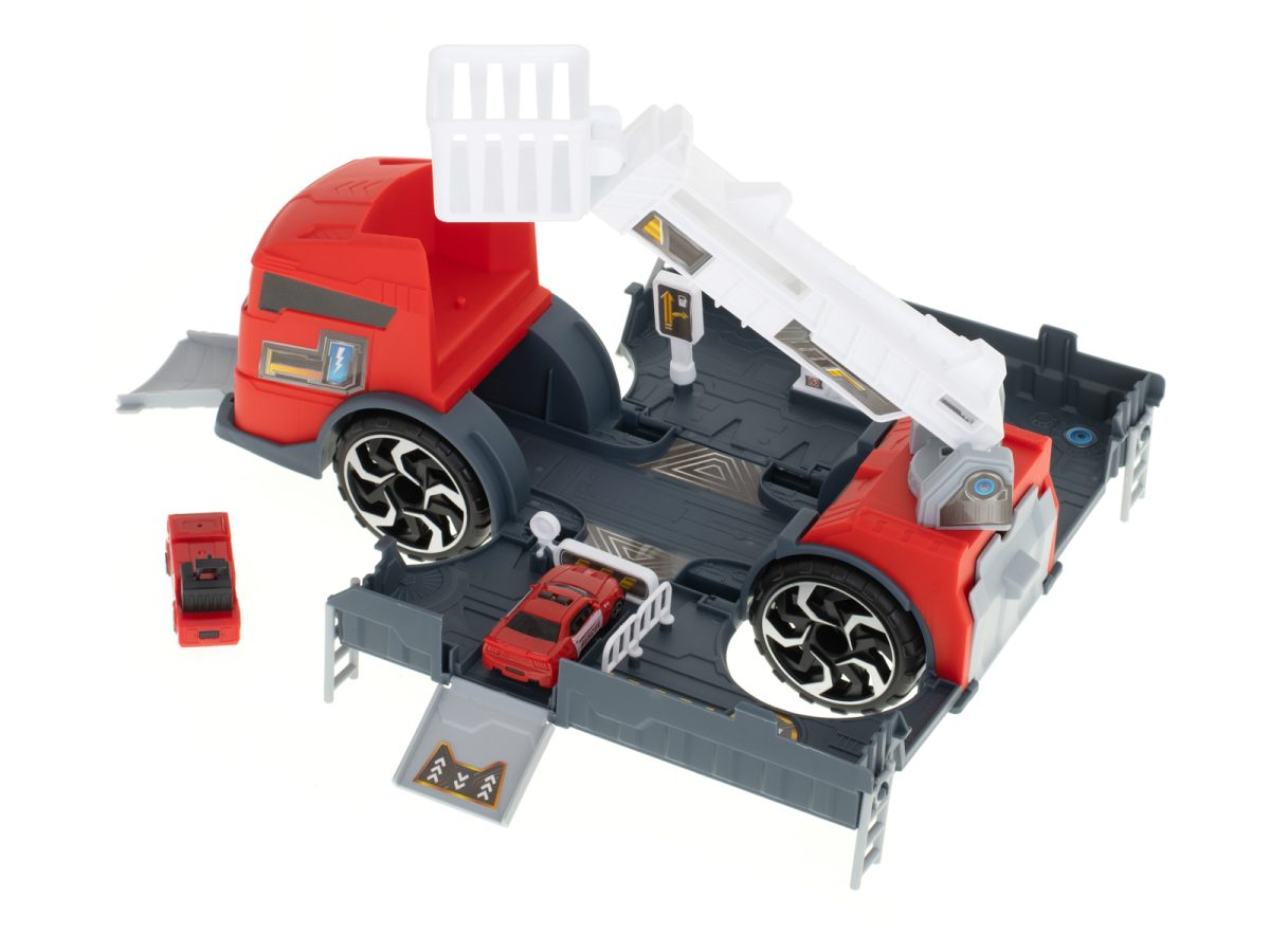 Transporter kamion TIR 2u1 parkirna garaža vatrogasna služba + 2 automobila crveni 1