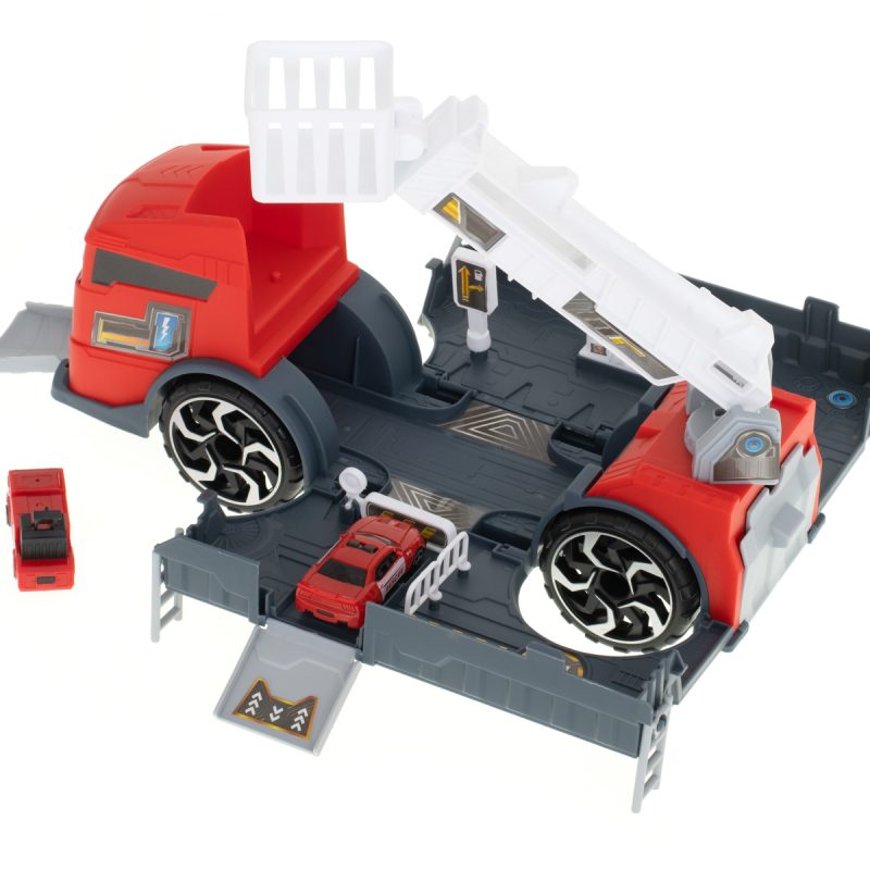 Transporter kamion TIR 2u1 parkirna garaža vatrogasna služba + 2 automobila crveni 1