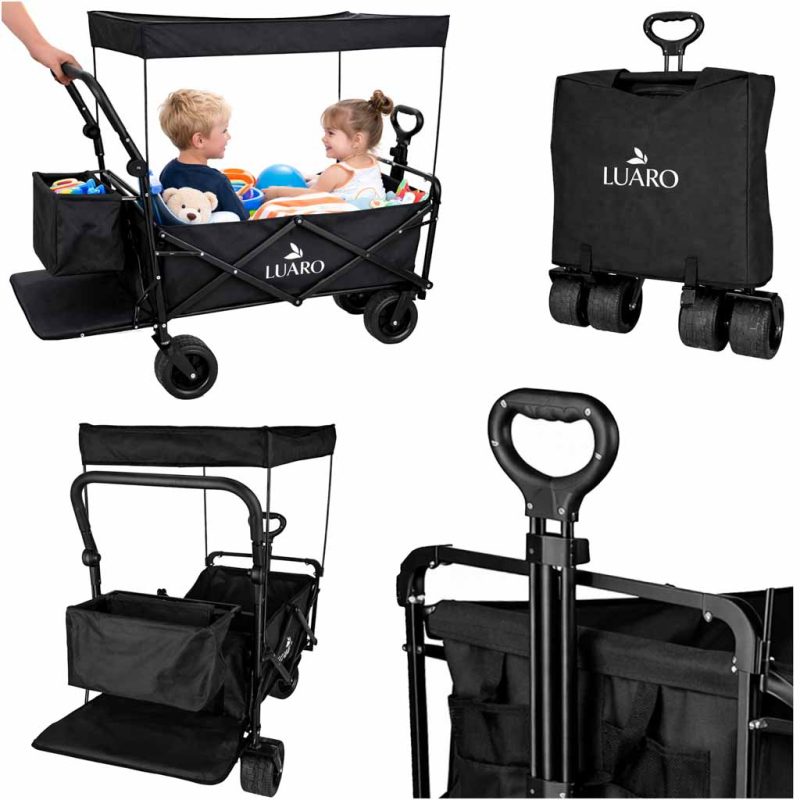 LUARO-Folding-touring-trolley-with-canopy-black-182637 LUARO sklopiva kolica za prijevoz na plažu s nadstrešnicom i mrežom crna