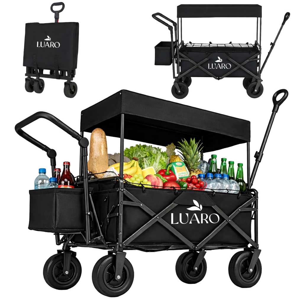 LUARO sklopiva kolica za prijevoz na plažu s nadstrešnicom i mrežom crna