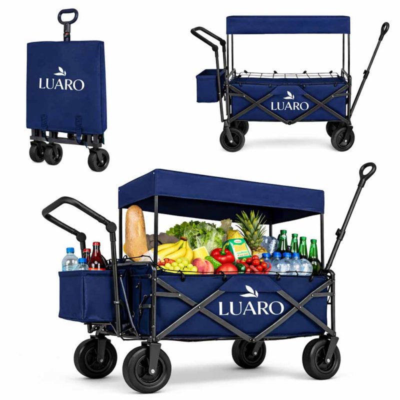 LUARO sklopiva kolica za prijevoz na plažu s nadstrešnicom i mrežom plava
